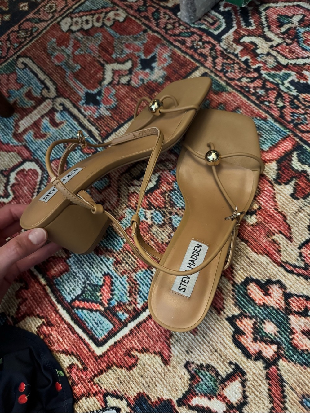 Steve Madden Ariaa Camel Tan Square-Toe Block Heel Sandals with Gold Accent